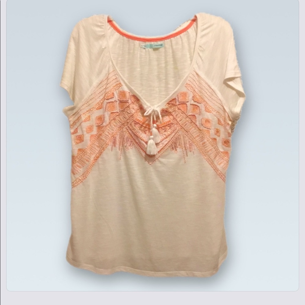 Maurices Bead & Embroidery Embellished, Tasseled Tie, Short Sleeve White Top - Picture 6 of 11